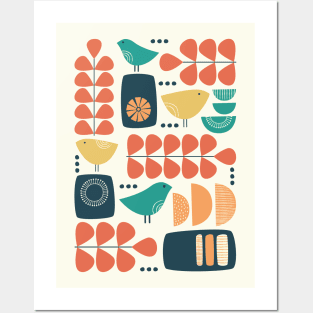 Retro Mid Century Modern Bird and Leaves in charcoal, teal, orange and yellow Posters and Art